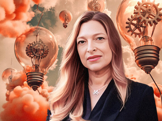 Heidi Araya with backdrop of lightbulbs